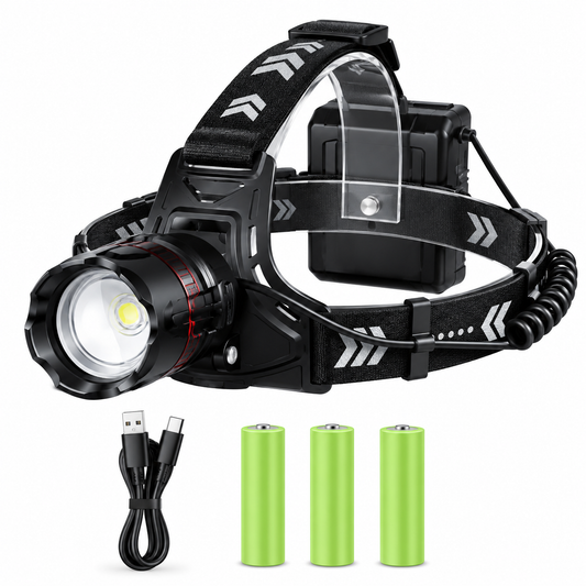 Lampe Frontale LED Rechargeable USB-C – Zoom Réglable, 3 Modes & 3 Batteries 18650 – Grande Autonomie – Camping, Randonnée & Pêche