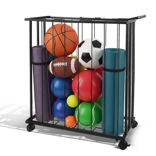 Chariot Rangement Balles Sport – Bac Métal avec Roues Organisateur Garage Salle de Sport