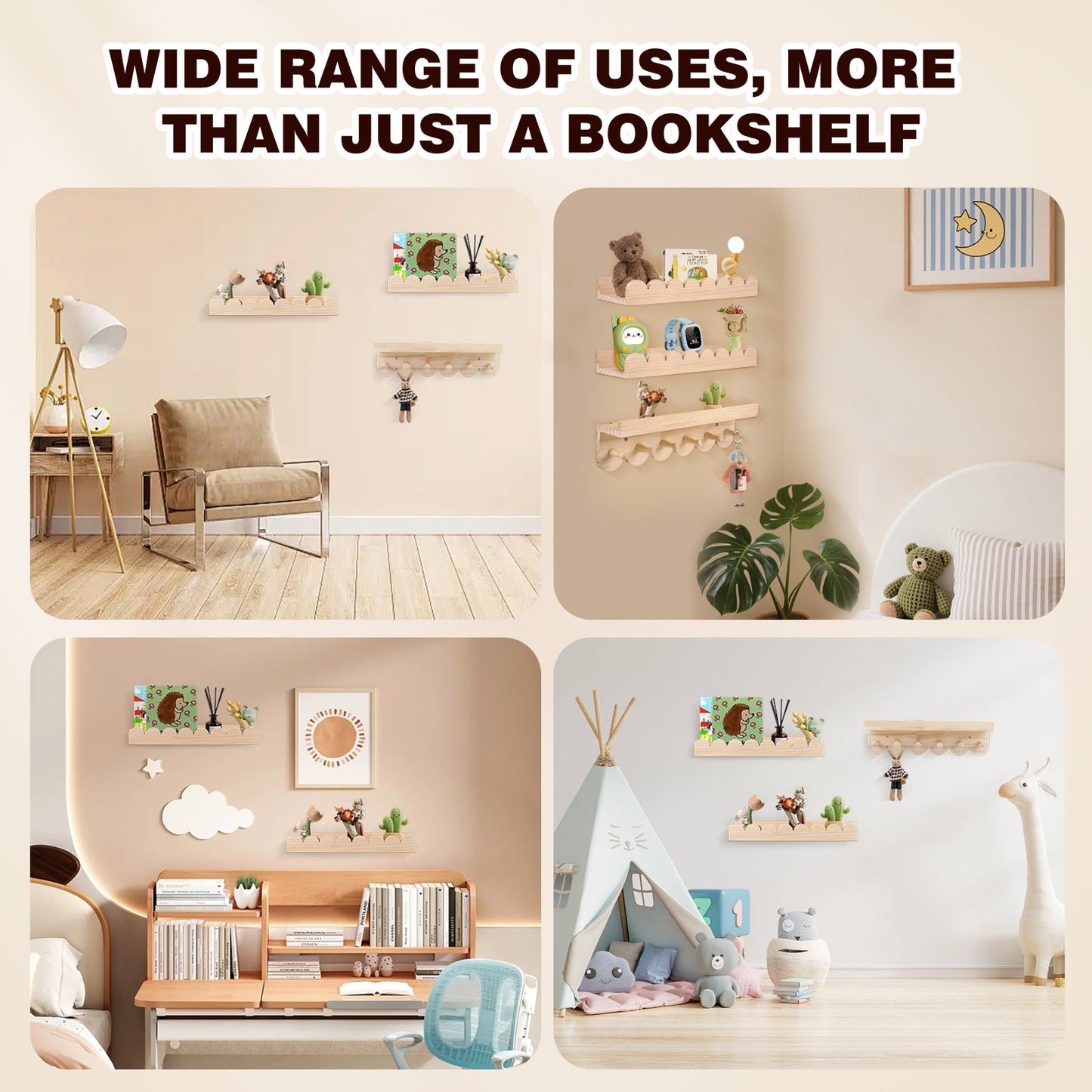 Lot 3 Étagères Murales Montessori 40 cm – Étagère Flottante Enfant Livres Jouets Chambre