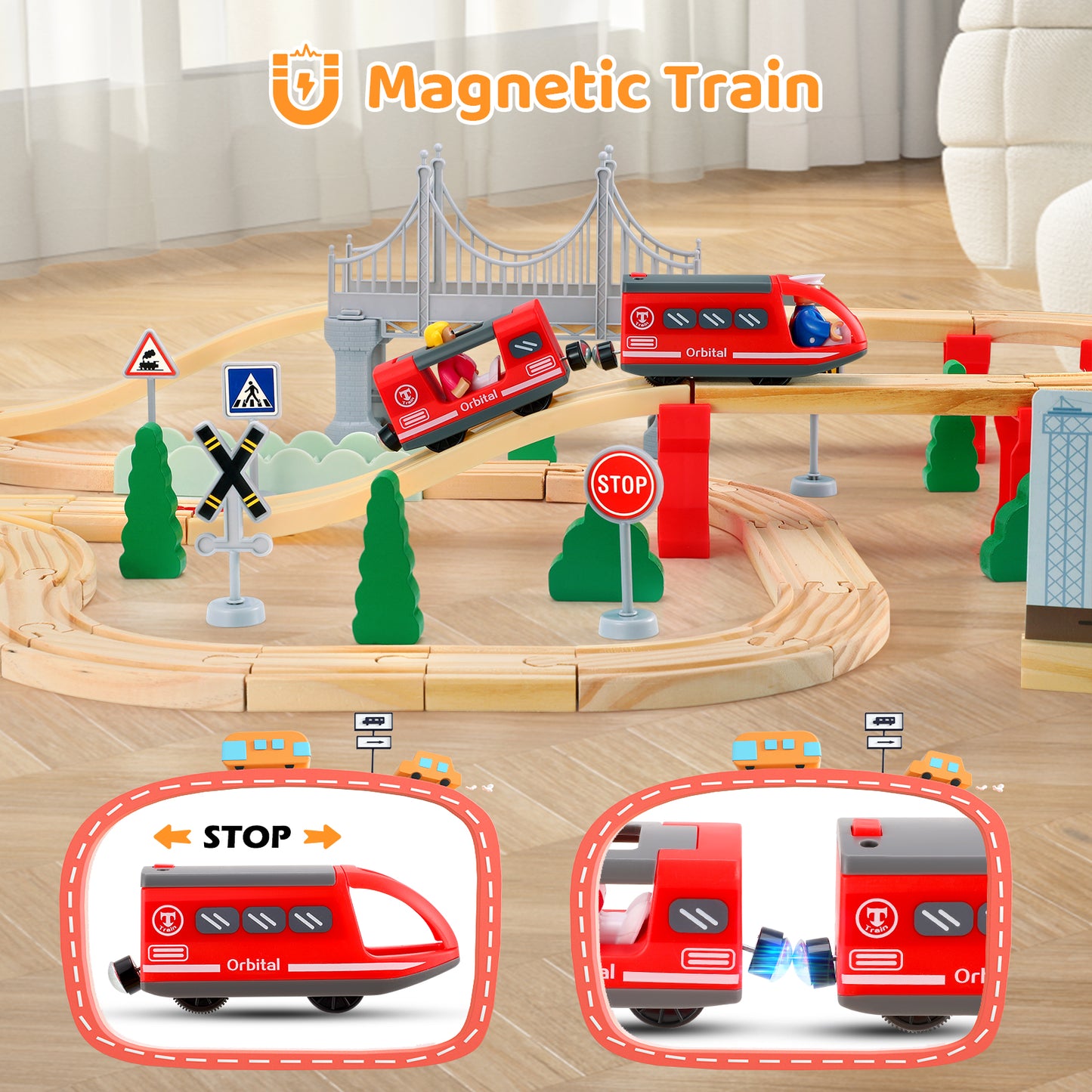 Rails de Train en Bois 72 / 108 Pièces – Ensemble de Circuit Ferroviaire avec Accessoires pour Enfants