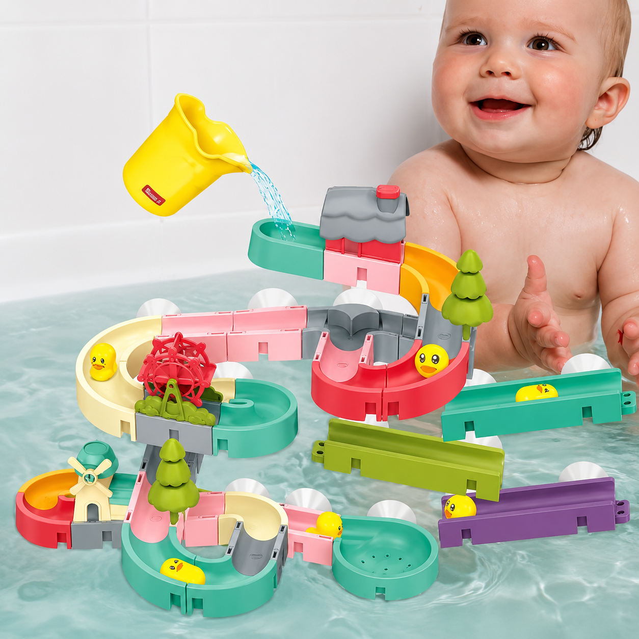 Circuit d'Eau pour Bain Bébé 86 Pièces – Toboggan Aquatique avec Ventouses | Jeu de Bain Éducatif à Construire Enfants