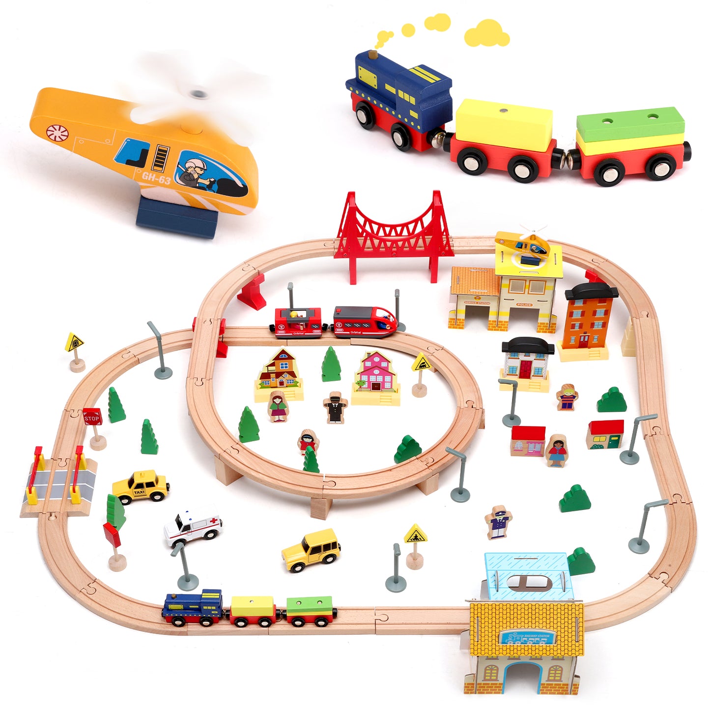 Rails de Train en Bois 72 / 108 Pièces – Ensemble de Circuit Ferroviaire avec Accessoires pour Enfants