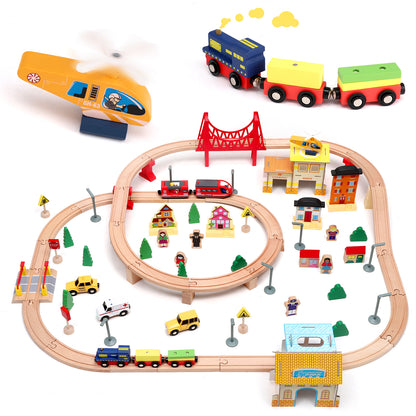 Rails de Train en Bois 72 / 108 Pièces – Ensemble de Circuit Ferroviaire avec Accessoires pour Enfants