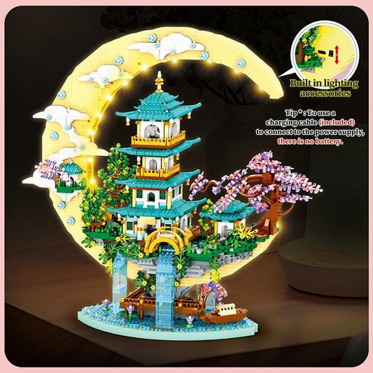 Maison Miniature LED Lune Sakura en Blocs de Construction – Décoration Lumineuse 3D DIY 4288 Pièces – Maquette Féérique Premium