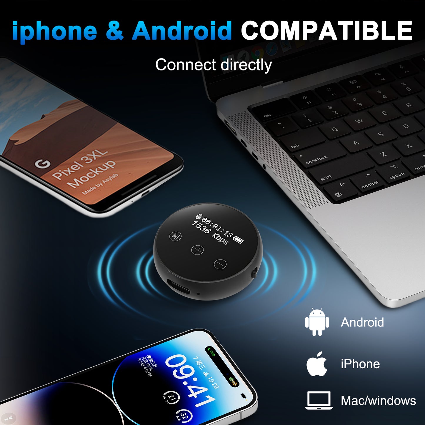 Mini Enregistreur Audio 64GB Haute Qualité 3072 Kbps – Dictaphone Numérique Portable avec Réduction de Bruit, Activation Vocale, Autonomie Longue Durée