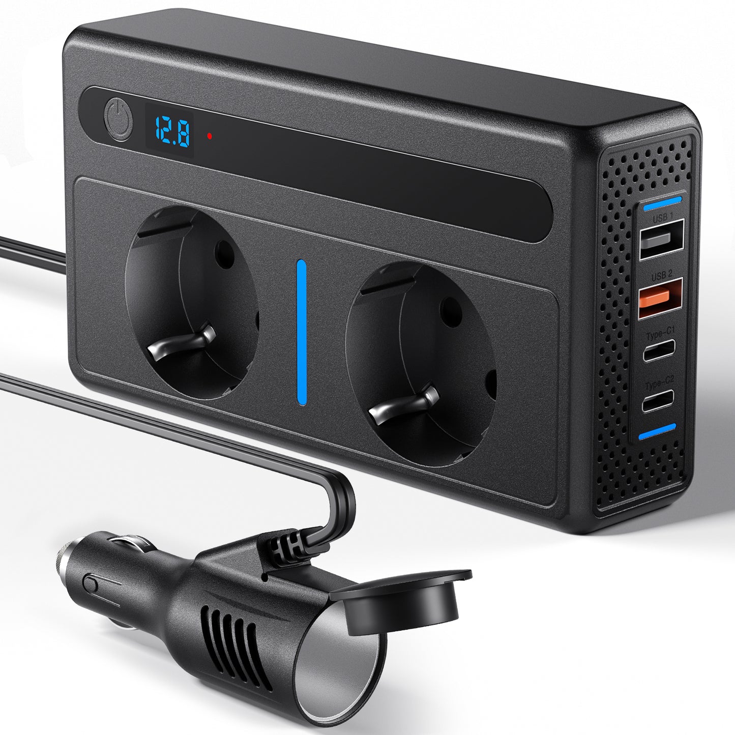 Convertisseur de Courant 12V vers 220V 300W Double Prise AC + USB Adaptateur Voiture Camping Car Noir