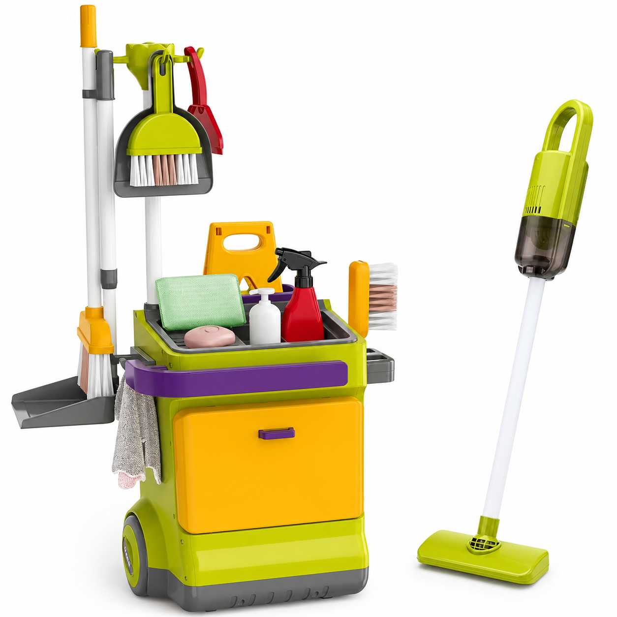 Chariot de Ménage Enfant 20 Pièces – Balai, Serpillière, Pelle, Brosse – Jeu d'Imitation Éducatif