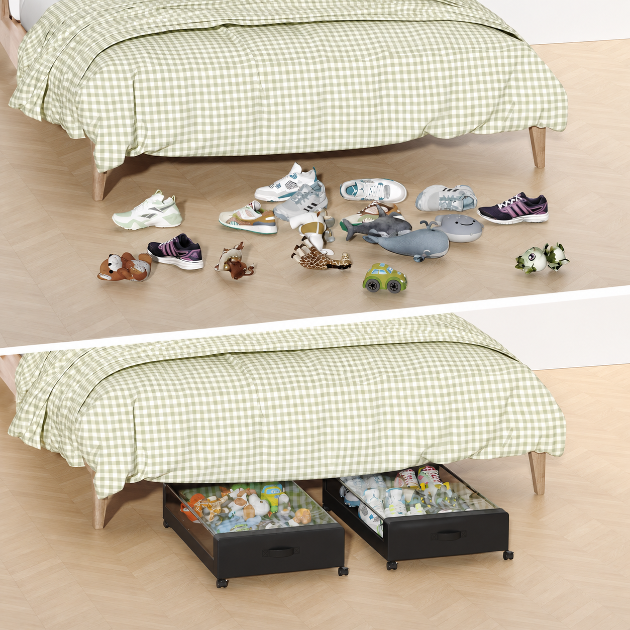Lot de 2 Boîtes de Rangement Sous Lit à Roulettes avec Couvercle Transparent – Organisateur de Chaussures, Vêtements et Couettes – Bac de Rangement Gain de Place Chambre