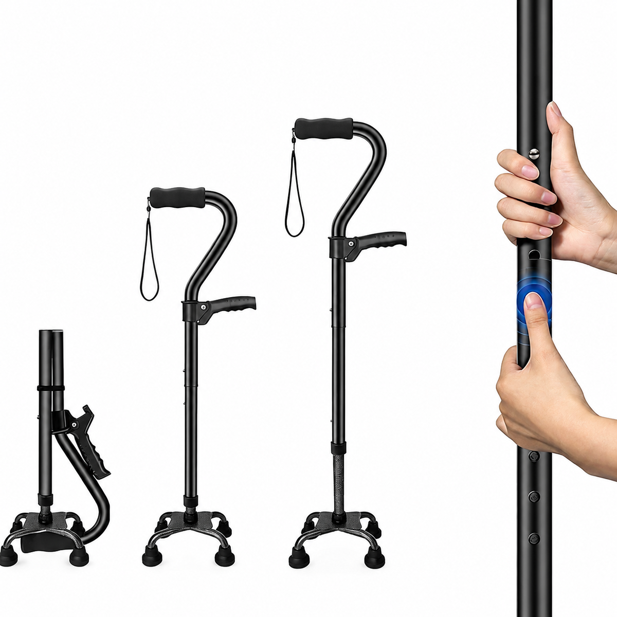 Canne de Marche Pliable 4 Pieds Réglable – Antidérapante, Poignée Ergonomique, Senior & Adulte – Noir