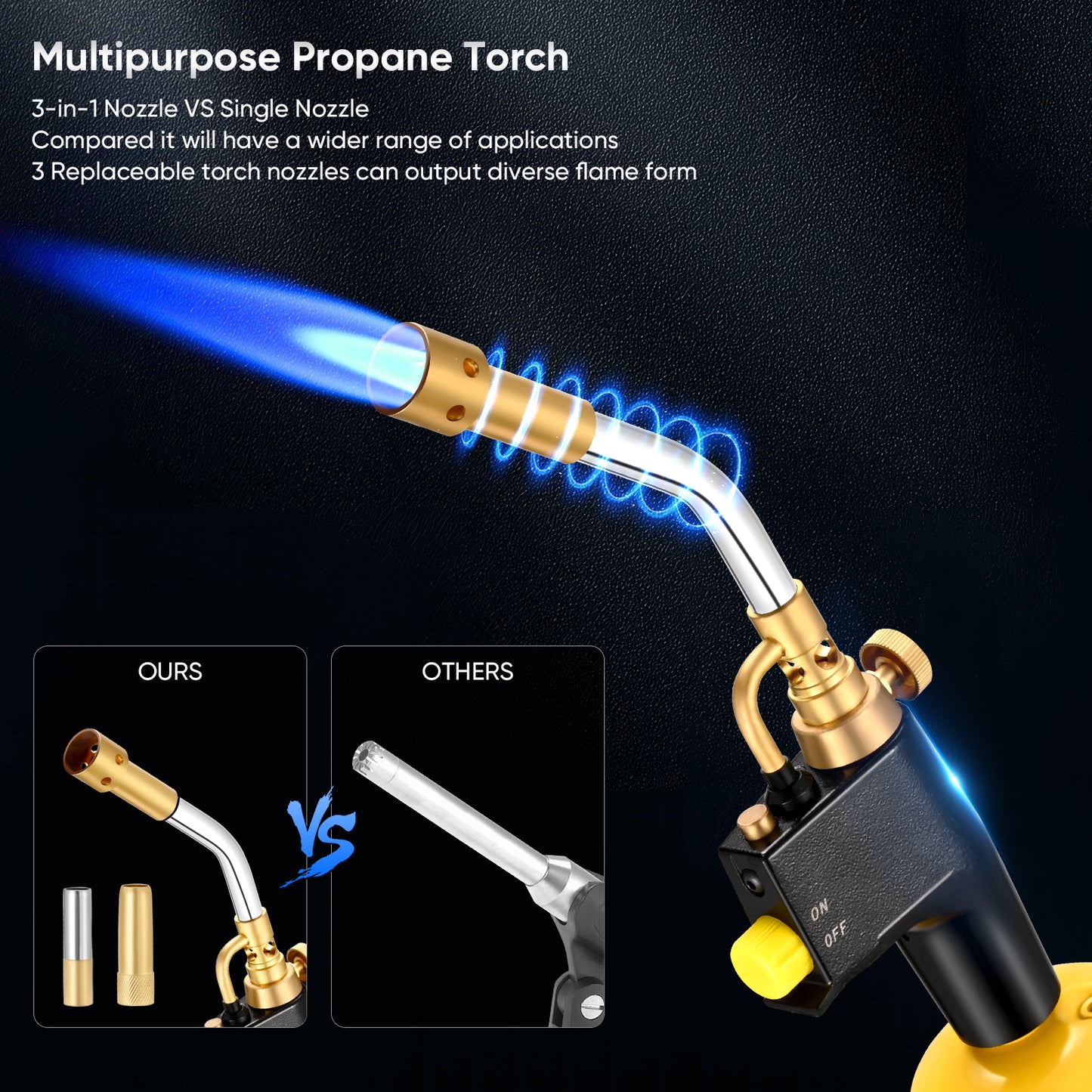 Chalumeau Propane avec 3 Buses 10/13/19 mm – Torche Soudage Brasage Chauffage Barbecue – Haute Température