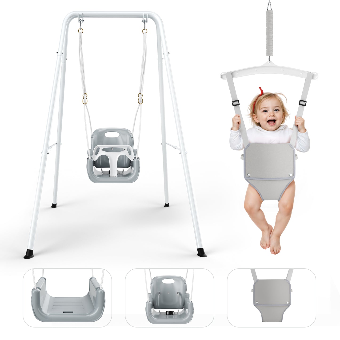 Balançoire Bébé 2 en 1 avec Structure Métallique – Siège Suspendu Enfant – Utilisation Intérieure et Extérieure – Couleur Blanc