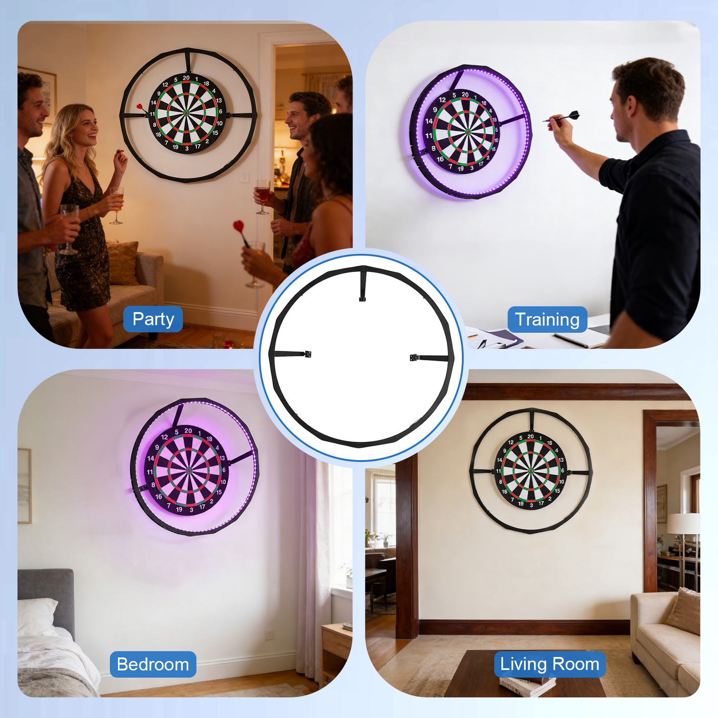 Éclairage Cible Fléchettes 360° Sans Ombre – 90 LED Luminosité Réglable – Support Compatible 45 cm