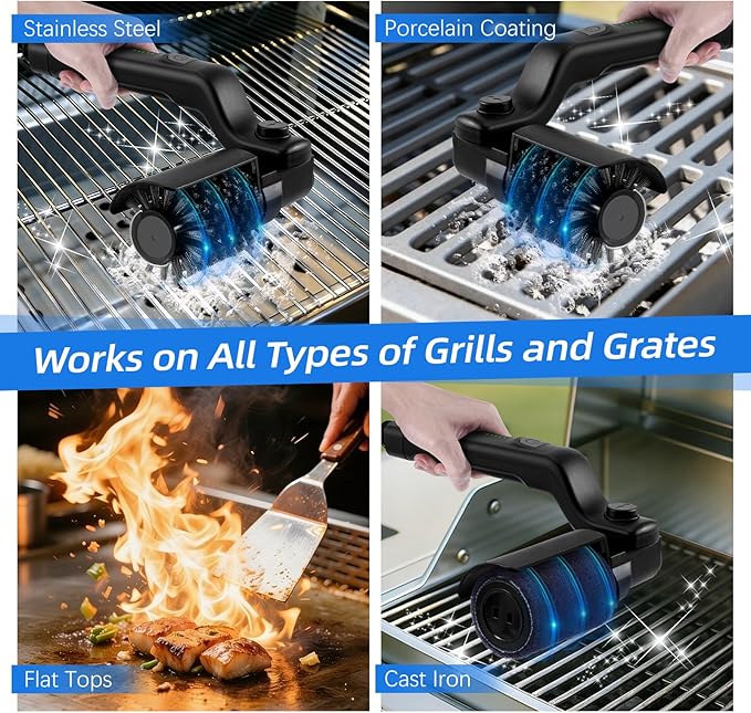 Brosse Électrique Barbecue Sans Fil 3 Vitesses Rechargeable USB Tête Rotative 180° Nettoyeur Grill Inox pour Barbecue et Fumoir