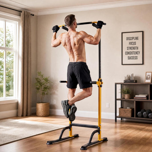 Station de Musculation Power Tower – Barre de Traction Réglable 10 Niveaux, Chaise Romaine, Dips – Acier 150 kg