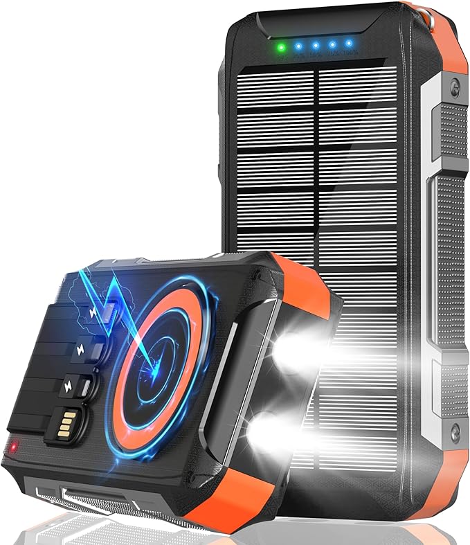 Batterie Externe Solaire 26800mAh Charge Rapide 30W USB-C Power Bank Magnétique Sans Fil avec 4 Câbles Intégrés, 7 Ports, Lampe LED, Étanche Camping Voyage – Noir Orange