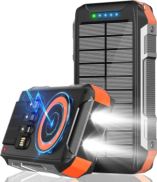 Batterie Externe Solaire 26800mAh Charge Rapide 30W USB-C Power Bank Magnétique Sans Fil avec 4 Câbles Intégrés, 7 Ports, Lampe LED, Étanche Camping Voyage – Noir Orange