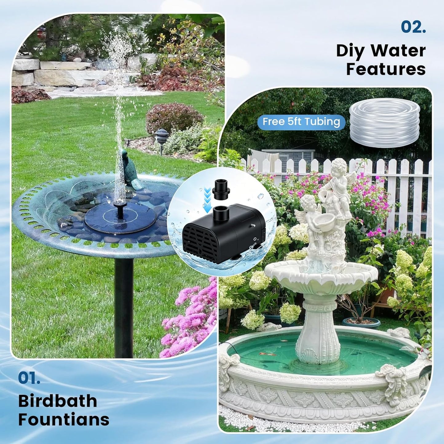 Pompe Solaire de Bassin 8W avec Batterie 3600 mAh – Fontaine Extérieure avec 8 Buses pour Jardin, Bain d’Oiseaux et Bassin