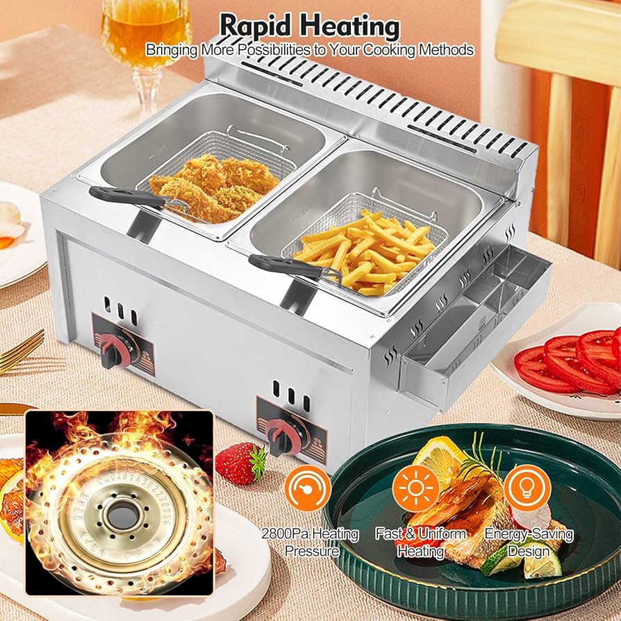 Friteuse Électrique Professionnelle 6L Double Bac – Acier Inoxydable – Contrôle Température et Minuterie – Machine à Frites et Poulet