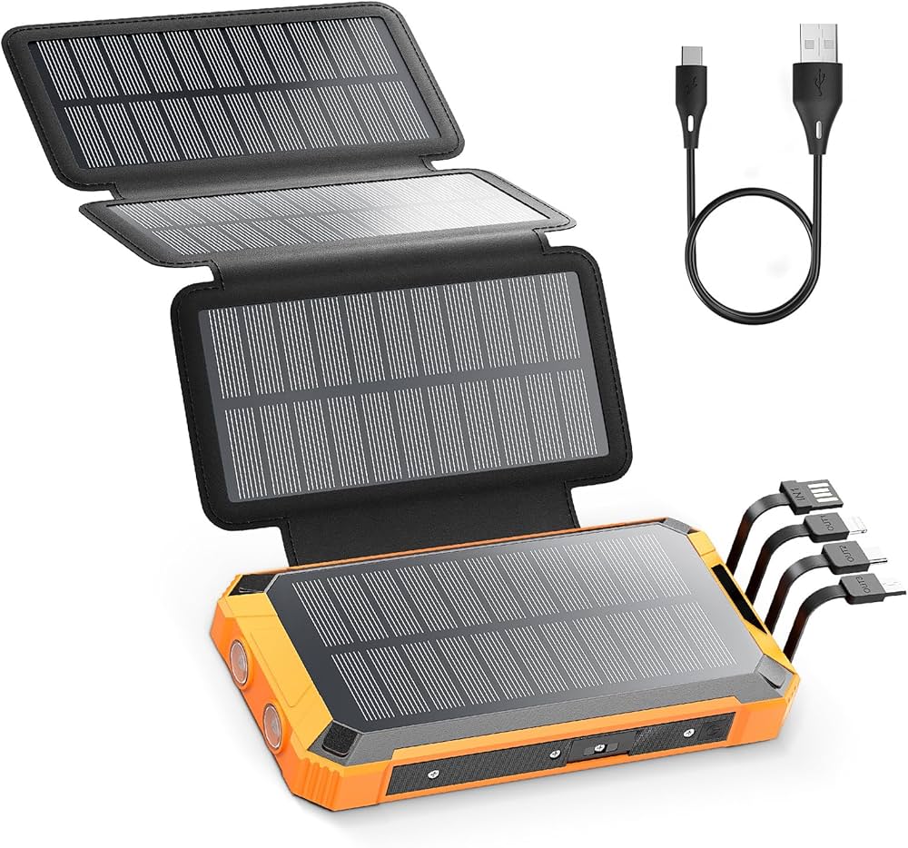 Batterie Externe Solaire 26800 mAh PD 22.5W – Chargeur Rapide QC 3.0 3 Sorties – 4 Panneaux Pliables Camping