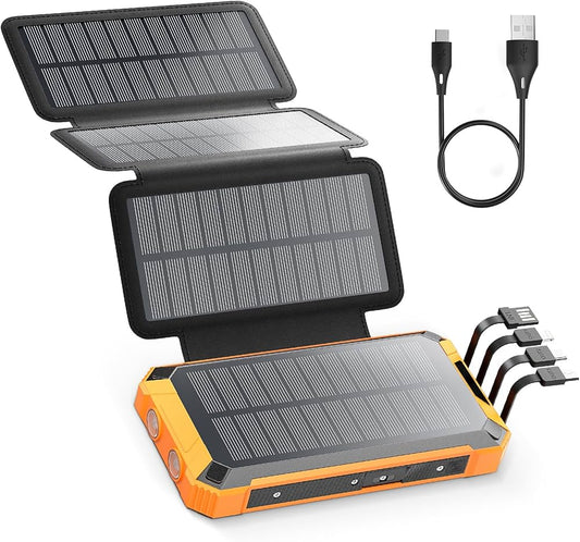 Batterie Externe Solaire 26800 mAh PD 22.5W – Chargeur Rapide QC 3.0 3 Sorties – 4 Panneaux Pliables Camping