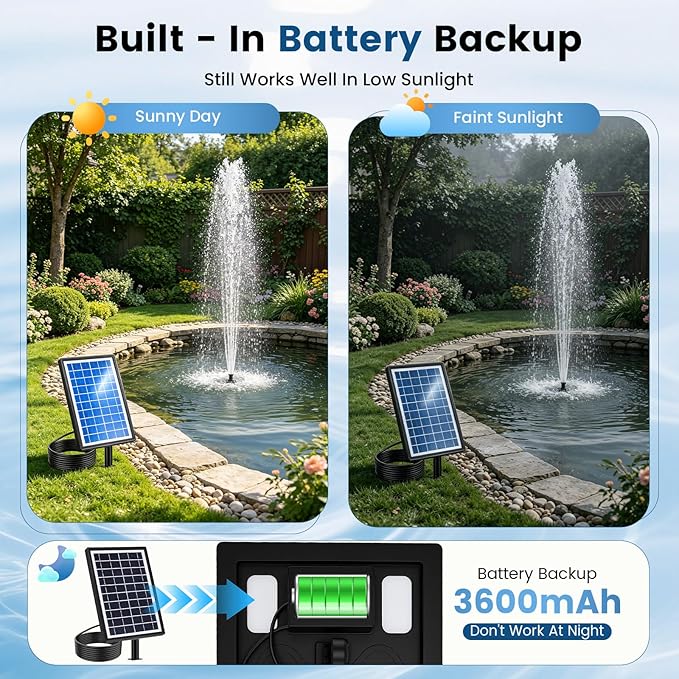 Pompe Solaire de Bassin 8W avec Batterie 3600 mAh – Fontaine Extérieure avec 8 Buses pour Jardin, Bain d’Oiseaux et Bassin