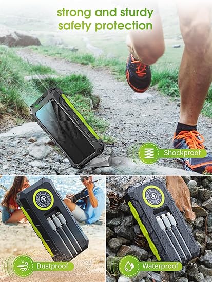 Batterie Externe Solaire 52800mAh 30W PD USB-C | Power Bank Sans Fil avec 3 Câbles Intégrés, 7 Sorties, Lampe Torche LED | Chargeur Portable Étanche pour Smartphone, Tablette, Randonnée – Noir Vert