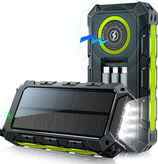 Batterie Externe Solaire 52800mAh 30W PD USB-C | Power Bank Sans Fil avec 3 Câbles Intégrés, 7 Sorties, Lampe Torche LED | Chargeur Portable Étanche pour Smartphone, Tablette, Randonnée – Noir Vert