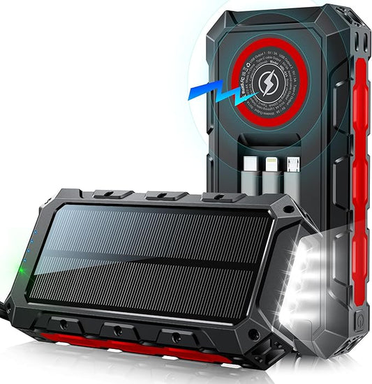 Batterie Externe Solaire 52800mAh Power Bank Étanche QC3.0 PD USB-C – 5 Sorties, Lampe LED, Boussole, Mousqueton – Rouge