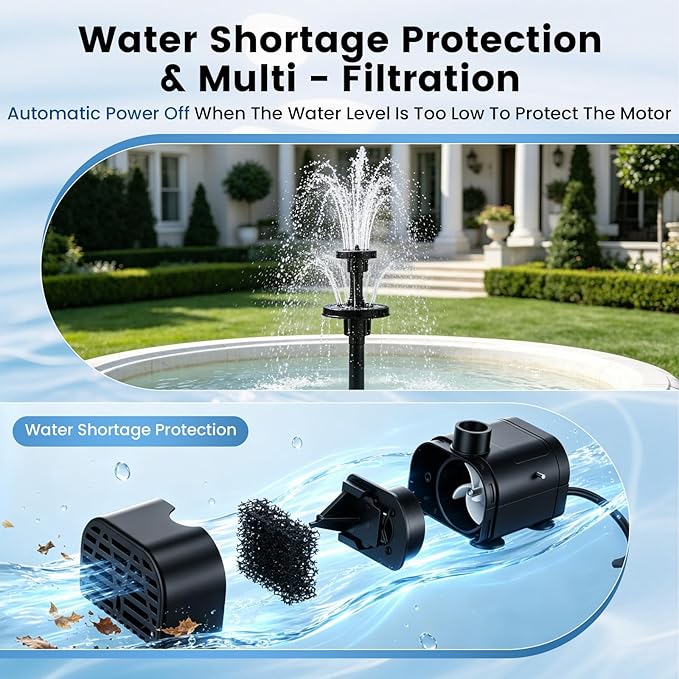 Pompe Solaire de Bassin 8W avec Batterie 3600 mAh – Fontaine Extérieure avec 8 Buses pour Jardin, Bain d’Oiseaux et Bassin