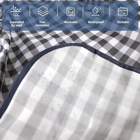 Grande Couverture de Pique-Nique 200x300 cm Imperméable | Tapis de Sol Pliable avec Poignée, Lavable en Machine | Couverture Extérieure Camping, Plage, Randonnée – Motif Carreaux Bleu