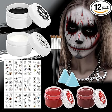 Kit Maquillage Halloween Noir Blanc Rouge avec Faux Tatouages – Peinture Visage SFX pour Cosplay Carnaval Clown Horreur