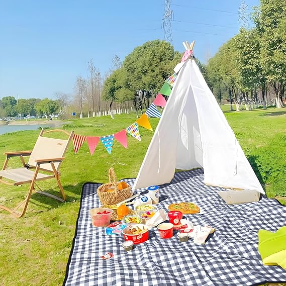 Grande Couverture de Pique-Nique 200x300 cm Imperméable | Tapis de Sol Pliable avec Poignée, Lavable en Machine | Couverture Extérieure Camping, Plage, Randonnée – Motif Carreaux Bleu
