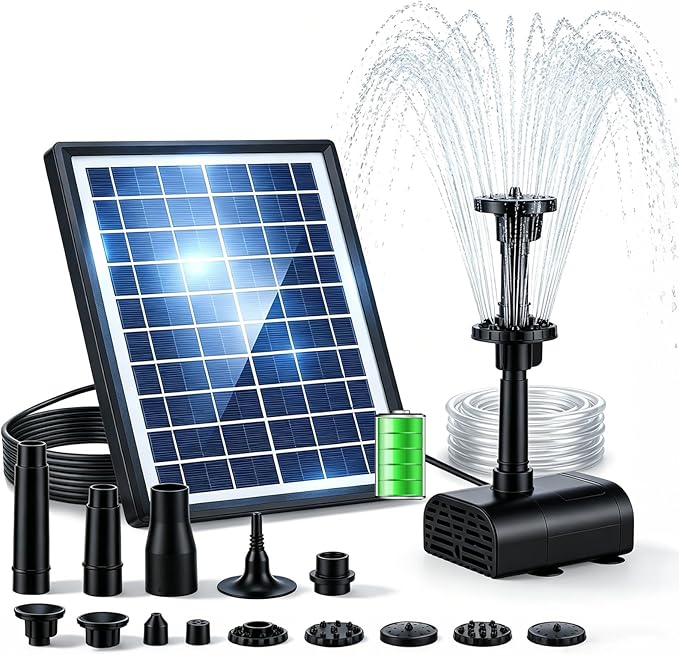 Pompe Solaire de Bassin 8W avec Batterie 3600 mAh – Fontaine Extérieure avec 8 Buses pour Jardin, Bain d’Oiseaux et Bassin