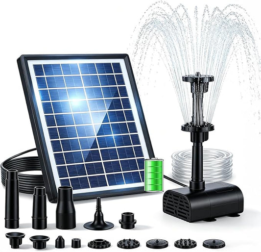 Pompe Solaire de Bassin 8W avec Batterie 3600 mAh – Fontaine Extérieure avec 8 Buses pour Jardin, Bain d’Oiseaux et Bassin