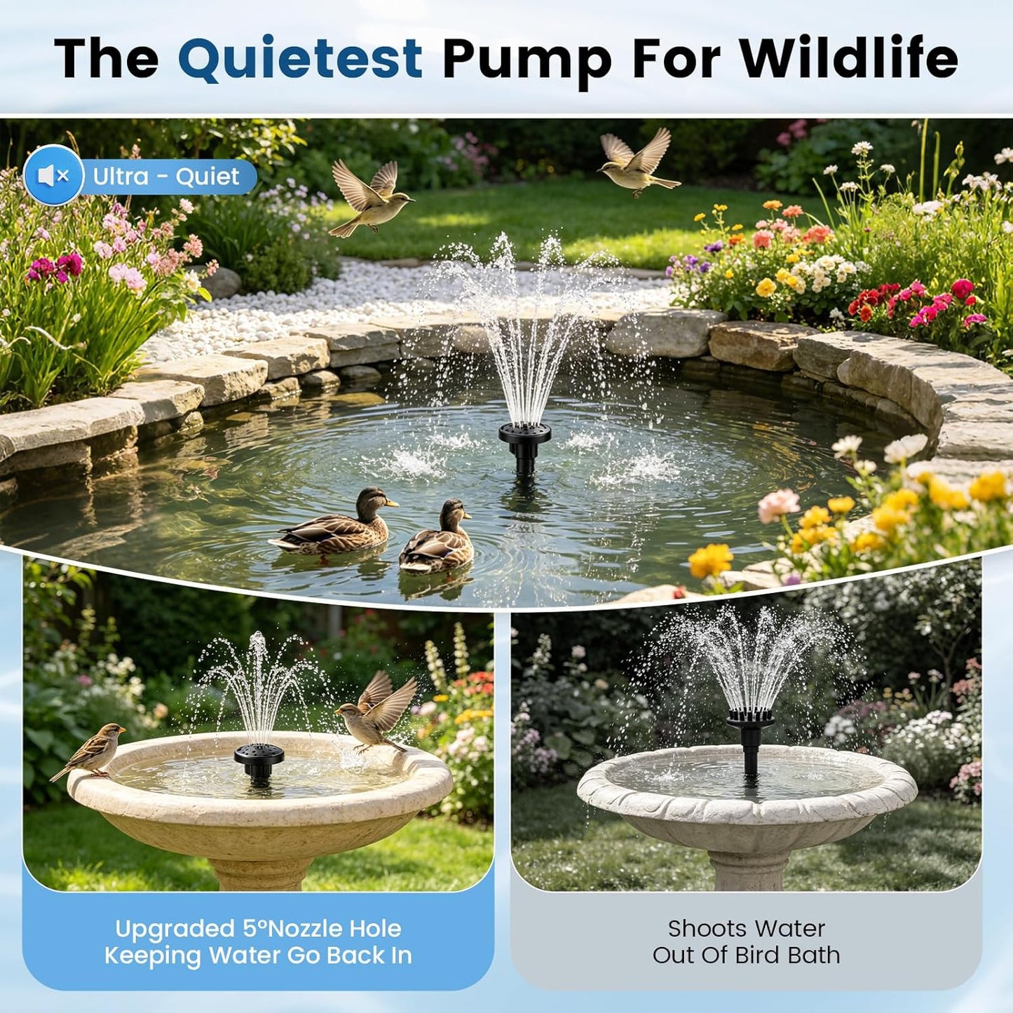 Pompe Solaire de Bassin 8W avec Batterie 3600 mAh – Fontaine Extérieure avec 8 Buses pour Jardin, Bain d’Oiseaux et Bassin