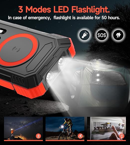 Batterie Externe Solaire 56800mAh 30W USB-C | Power Bank Sans Fil avec 4 Câbles Intégrés, 6 Sorties & 3 Entrées, Lampe LED + Boussole | Chargeur Portable Étanche pour Smartphone, Camping – Noir Rouge