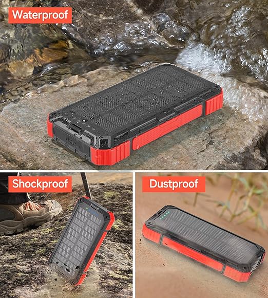 Batterie Externe Solaire 56800mAh 30W USB-C | Power Bank Sans Fil avec 4 Câbles Intégrés, 6 Sorties & 3 Entrées, Lampe LED + Boussole | Chargeur Portable Étanche pour Smartphone, Camping – Noir Rouge