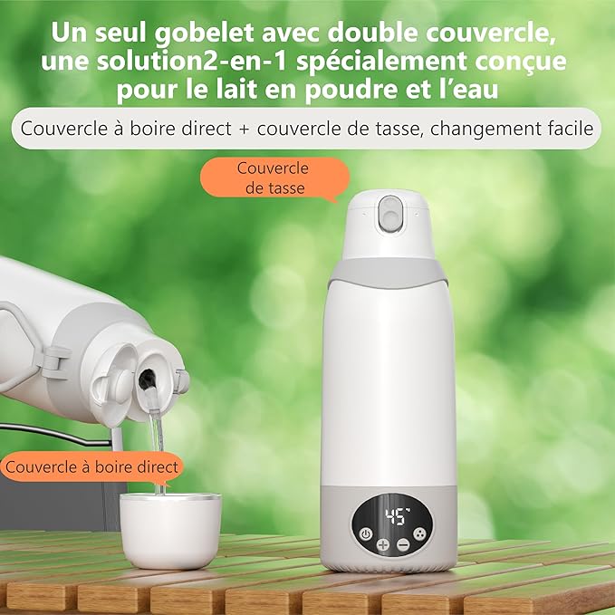 Chauffe-Biberon Portable Sans Fil 500ml Rechargeable USB-C 12000mAh – Température Réglable 37-100°C Inox 316L pour Bébé Voyage Nuit