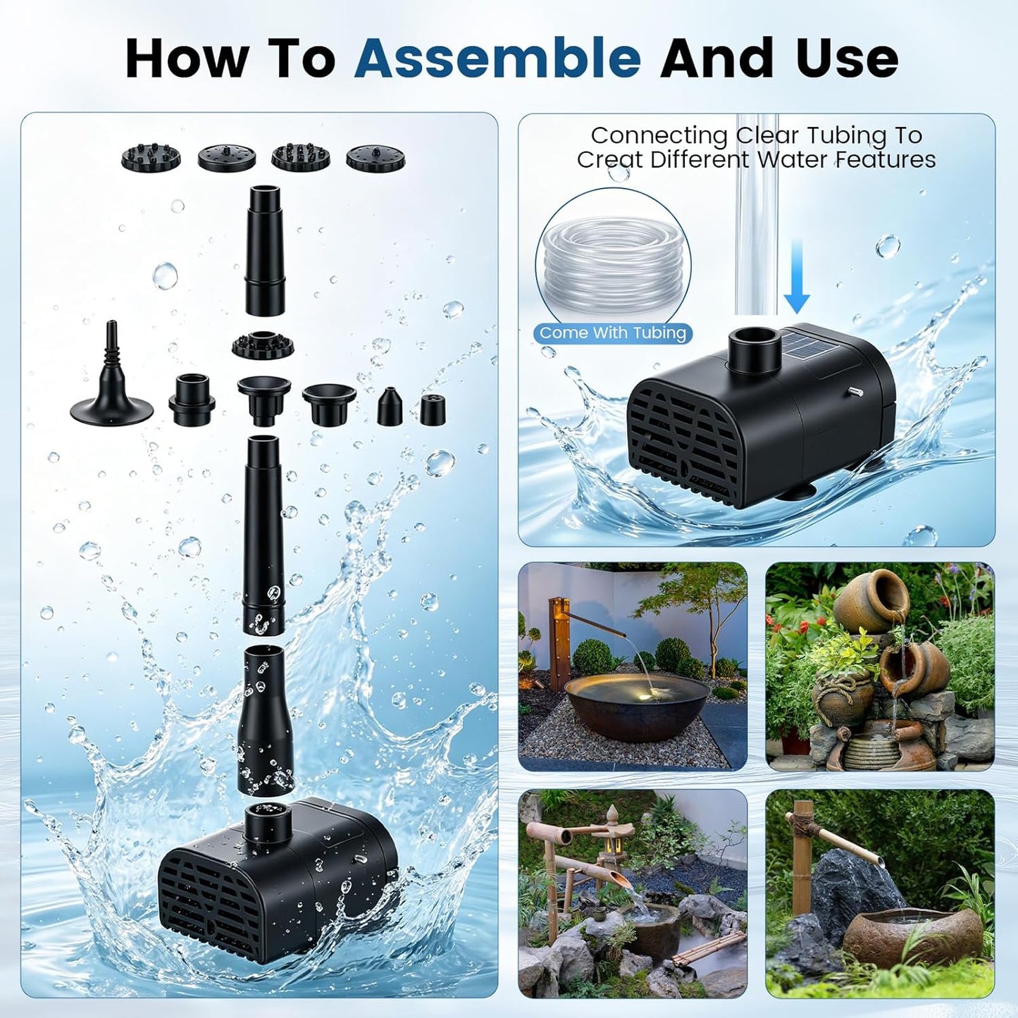 Pompe Solaire de Bassin 8W avec Batterie 3600 mAh – Fontaine Extérieure avec 8 Buses pour Jardin, Bain d’Oiseaux et Bassin