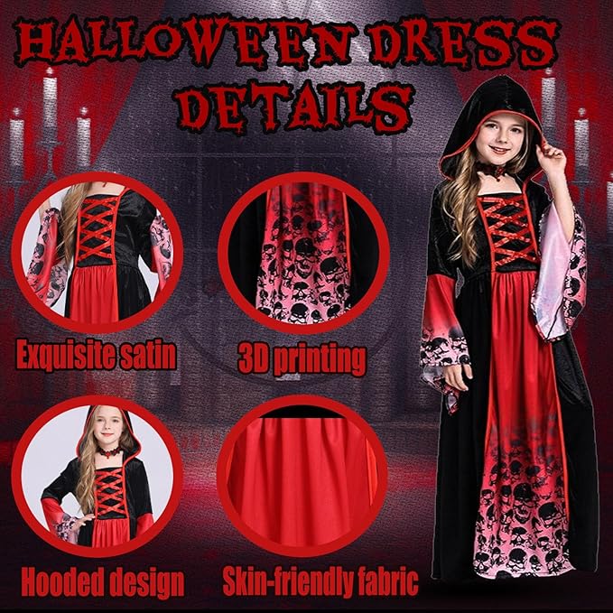 Déguisement Vampire Fille Gothique Médiéval avec Capuche – Costume Halloween Carnaval Rouge et Noir Enfant