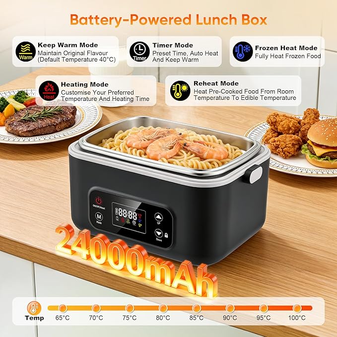 Gamelle Chauffante Électrique Sans Fil 24000mAh 1,3L avec Minuterie 12H USB Rechargeable – Lunch Box Chauffante Portable pour Bureau, Voyage, Pique-Nique – Noir