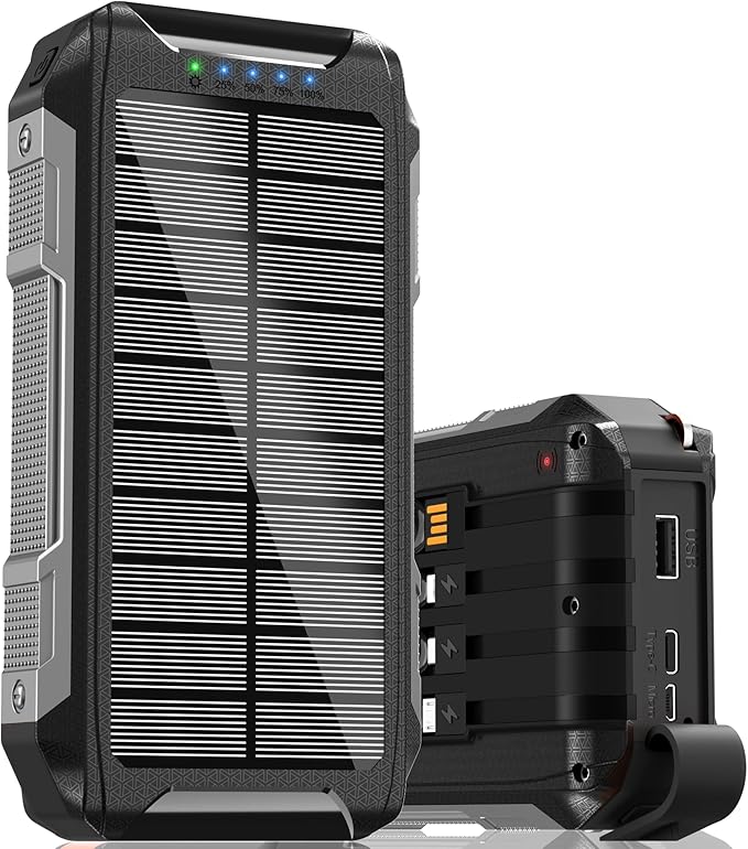 Batterie Externe Solaire 26800mAh Charge Rapide 30W USB-C Power Bank Magnétique Sans Fil avec 4 Câbles Intégrés, 7 Ports, Lampe LED, Étanche Camping Voyage – Noir