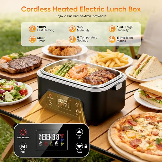 Gamelle Chauffante Électrique Sans Fil 24000mAh 1,3L avec Minuterie 12H USB Rechargeable – Lunch Box Chauffante Portable pour Bureau, Voyage, Pique-Nique – Noir