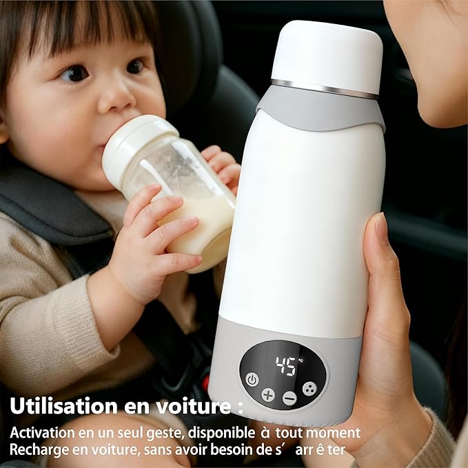 Chauffe-Biberon Portable Sans Fil 500ml Rechargeable USB-C 12000mAh – Température Réglable 37-100°C Inox 316L pour Bébé Voyage Nuit