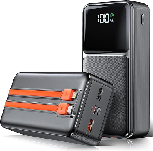 Batterie Externe 50000mAh Charge Rapide QC 22.5W PD20W Écran LED 5 Ports USB + USB-C Power Bank Portable Smartphone iPhone Android Camping – Noir