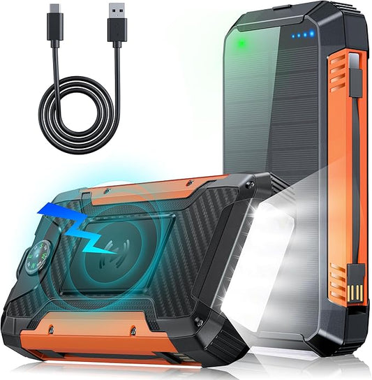 Batterie Externe Solaire 49800mAh PD30W USB-C | Power Bank Charge Rapide avec 2 Câbles Intégrés, 3 Sorties & 2 Entrées, Lampe Torche LED | Chargeur Portable Étanche pour Smartphone, Tablette – Noir Orange