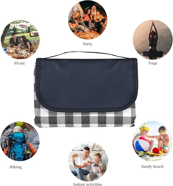 Grande Couverture de Pique-Nique 200x300 cm Imperméable | Tapis de Sol Pliable avec Poignée, Lavable en Machine | Couverture Extérieure Camping, Plage, Randonnée – Motif Carreaux Bleu