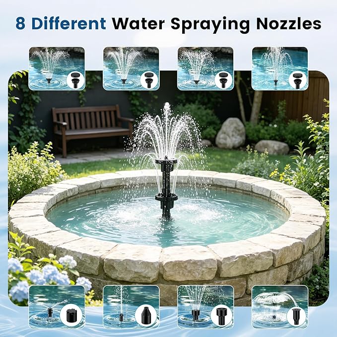 Pompe Solaire de Bassin 8W avec Batterie 3600 mAh – Fontaine Extérieure avec 8 Buses pour Jardin, Bain d’Oiseaux et Bassin