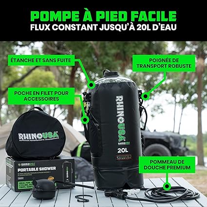 Douche Solaire Portable 20L – Sac Douche Extérieur avec Pommeau, Tuyau Flexible & Crochet, Camping Plage Randonnée