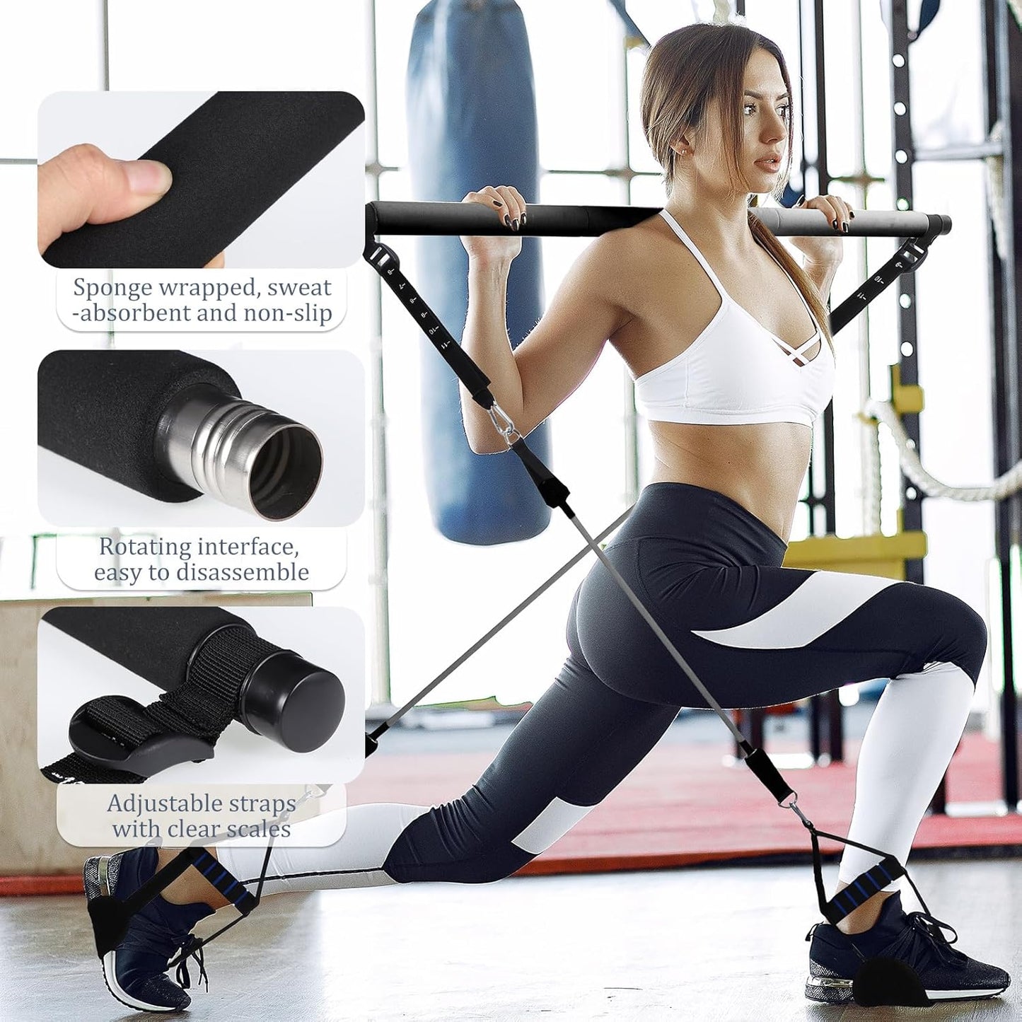 Kit Barre de Pilates avec 6 Bandes de Résistance Élastiques – Ensemble Fitness et Musculation Portable pour Yoga, Squat et Renforcement Musculaire